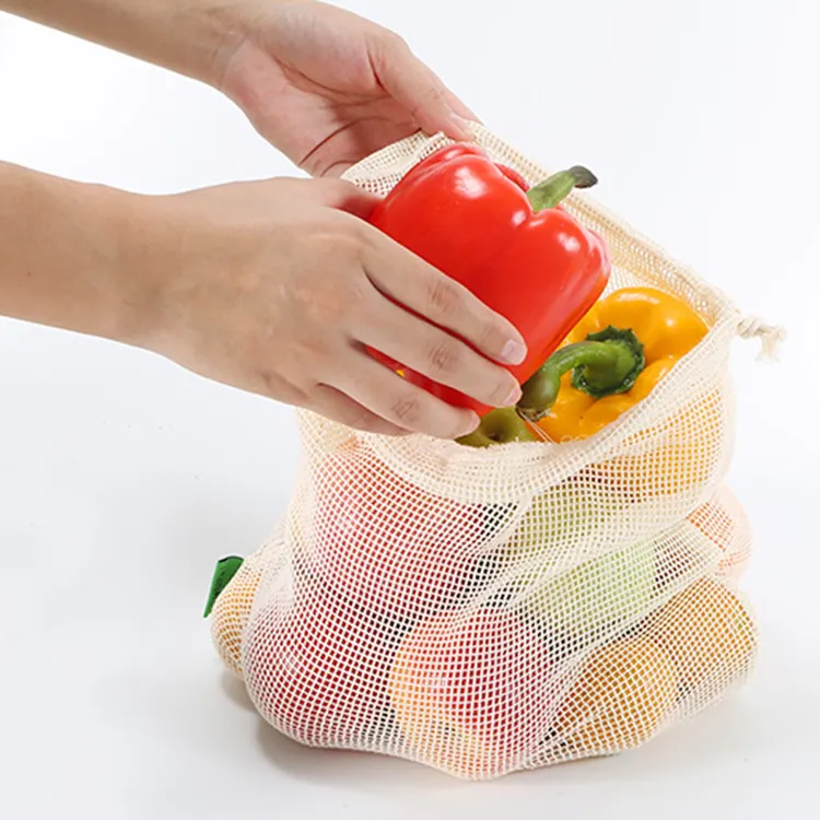 工場卸売環境にやさしい天然コットン巾着袋再利用可能なコットンメッシュ野菜バッグ