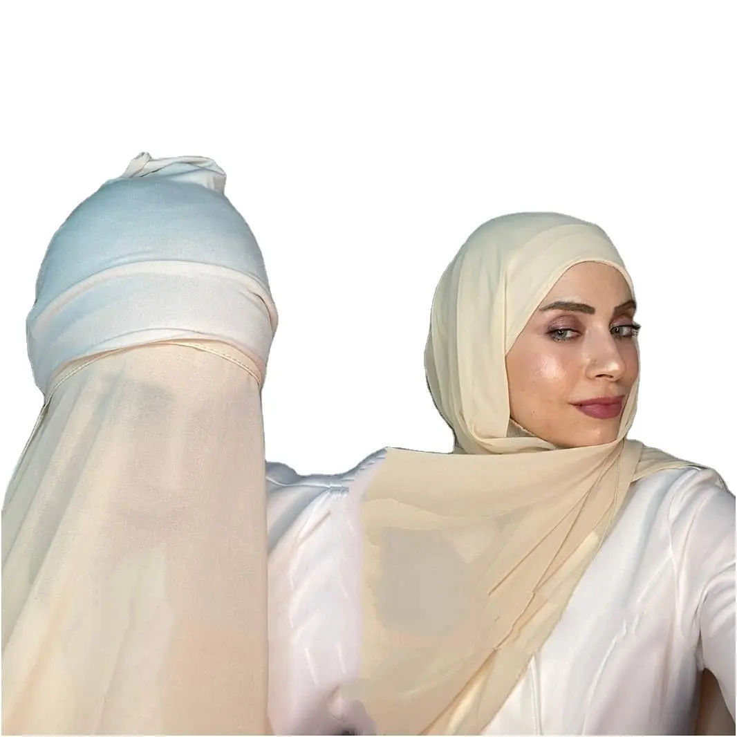 2021 new colors design hijab high quality thick heavy stretchy chiffon hijab with cap inner hijab undercap