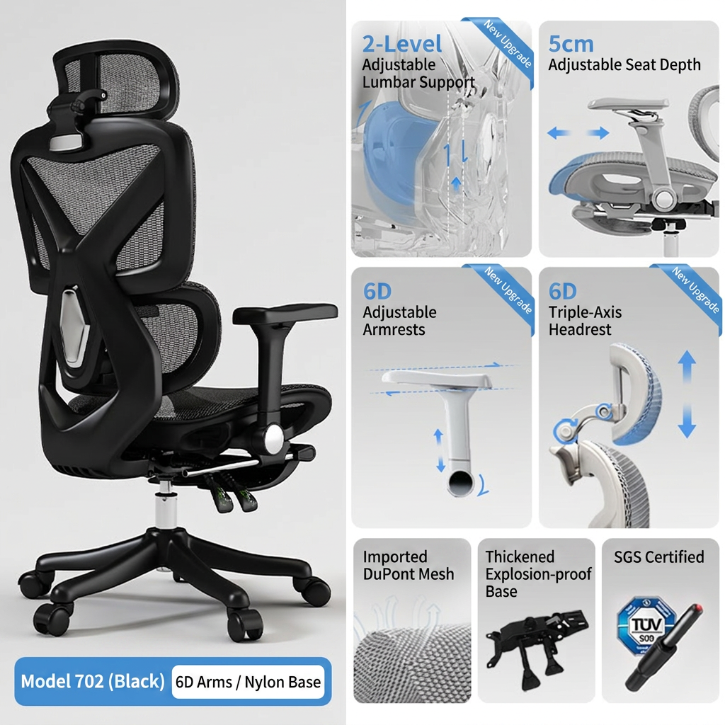 702 (Black) 6D Adjustable Armrests / Nylon Feet