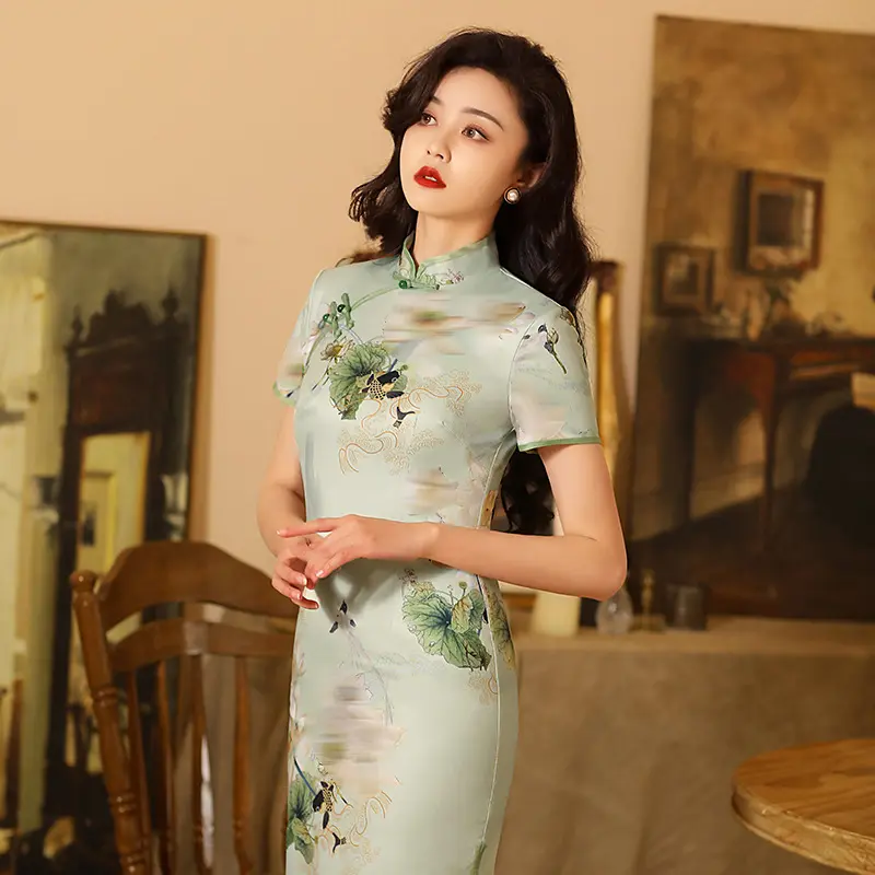 Verano Lotus Cheongsam largo Qipao Vestidos Mujer moderno Premium Oriental vestido tradicional chino mujeres desgaste