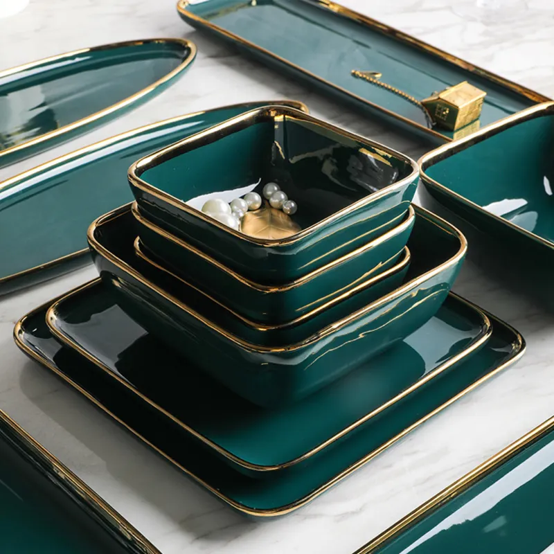 Wholesale High Quantity Luxury Emerald Green Restaurant Square Porcelain Tableware With Gold Rim