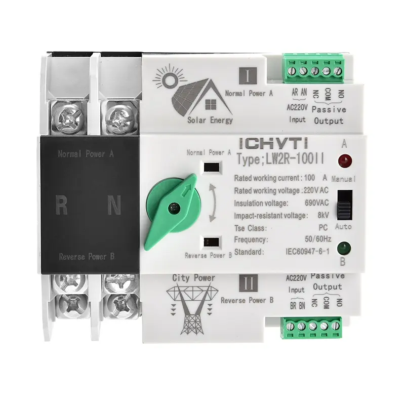 Chyt interruptor de transferência automático, LW2R-100 2p 3p 4p ac 220v 63a 100a 125a de potência uninterruptível, ats para inversor solar