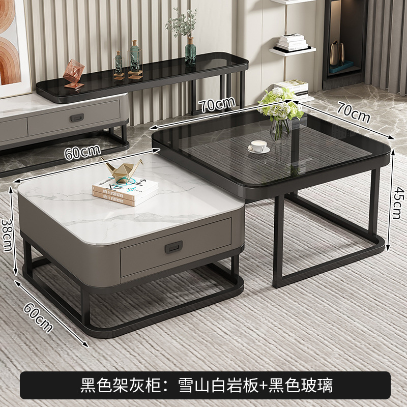 Cadre noir : verre gris, dalle blanche, meuble gris