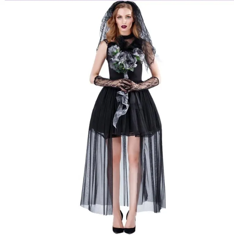 New Women Deluxe Victorian Halloween Sexy Costume Black Ghost Bride Costume