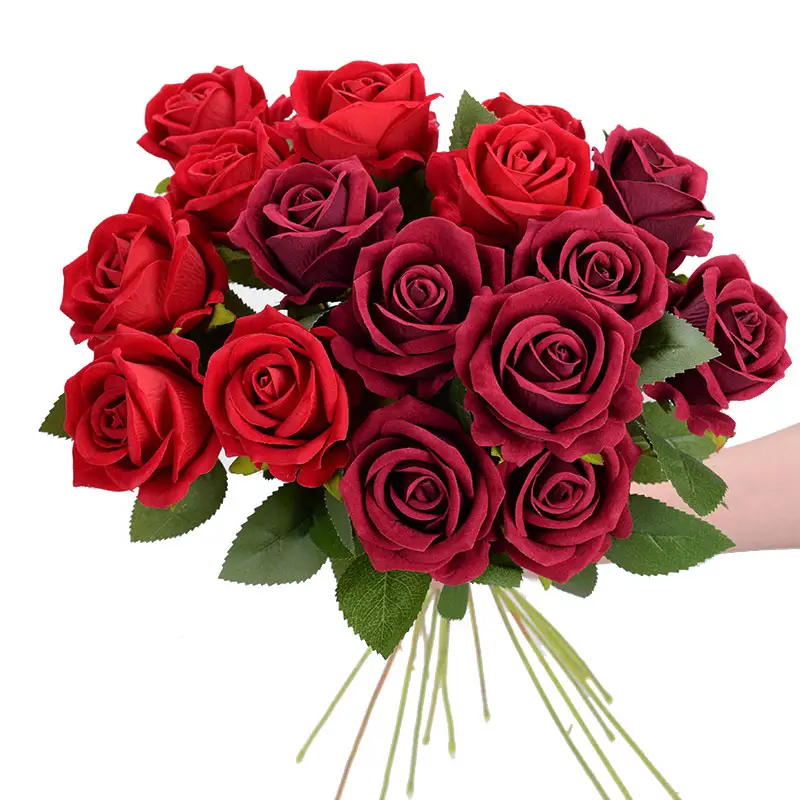 Ramo de rosas artificiales de seda para decoración de boda, conjunto de flores artificiales de un solo cabezal