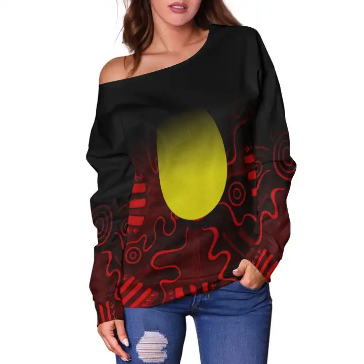 Groothandel Aboriginal Dames Off Shoulder Tops Nieuw Ontwerp Custom Inheemse Vlag Grunge Stijl Shirts Sweatshirt Casual Kleding