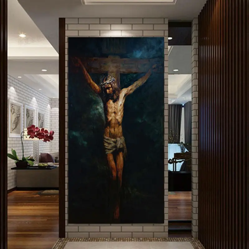 Cuadro pintado al óleo con imagen de Jesús cruzados, decoración del hogar