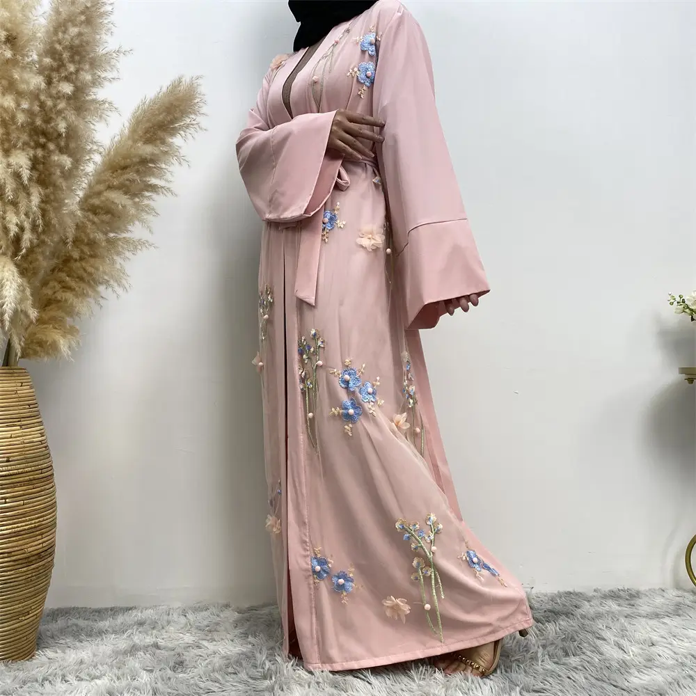3D Embroidery Flower Mesh Cardigan Muslim Dress Women Long Sleeve Double Chiffon Abaya Muslim Dress Lady New Model Abaya Dubai