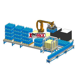 Sistema automatico pallettizzatore robot per olio/acqua con piastra di base/recinzione/distributore di pallet/dispositivo di posizionamento della scheda/trasportatore - Product Image 1