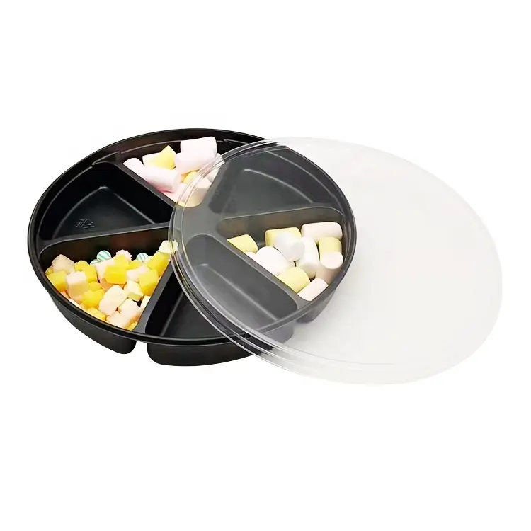 الغذاء جولة لوح بلاستيكي بفتحات مربع الفاكهة سلطة الحلوى إدراج صينية مع غطاء