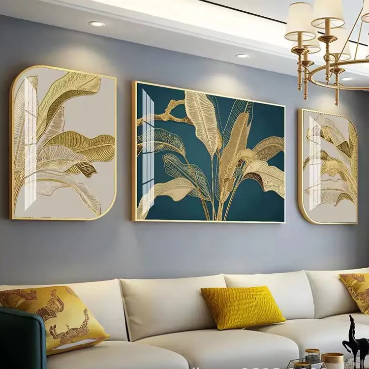 Pintura decorativa minimalista moderna para sala de estar al por mayor, Mural de lujo ligero, pintura de porcelana de cristal, Tríptico, arte de pared