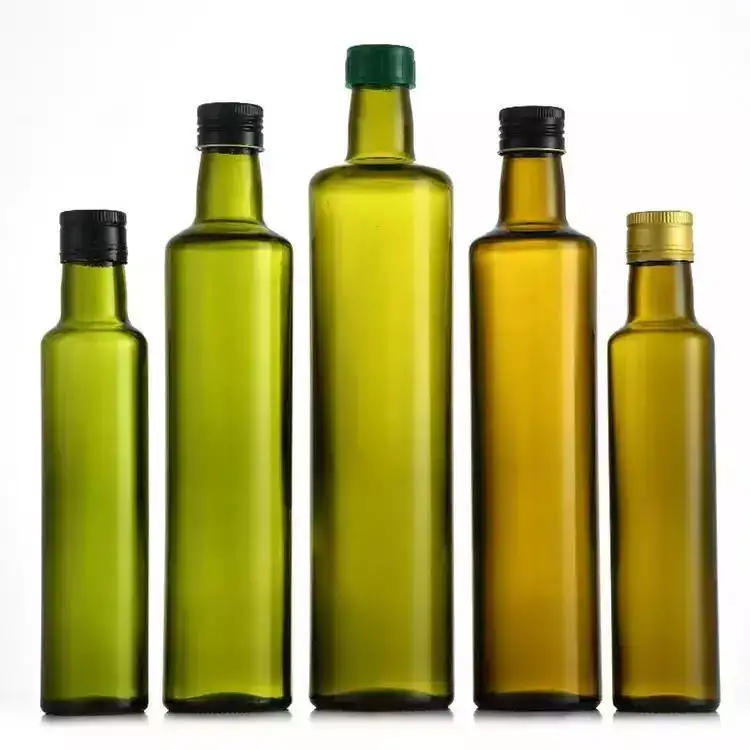 Pasokan produsen botol kaca persegi bulat hijau minyak zaitun botol kaca 250ml 500ml 750ml dengan tutup yang sesuai