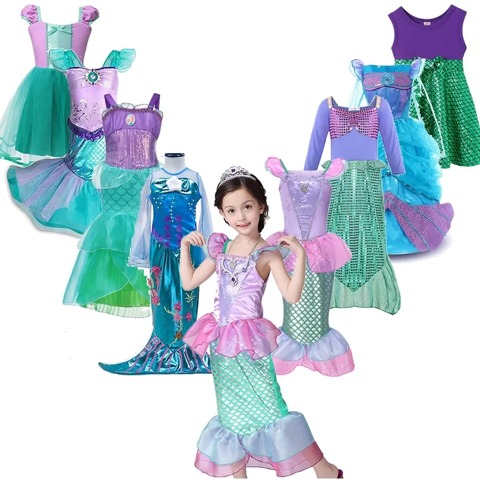 Vestido de princesa Ariel de La Sirenita para niñas, disfraces de Cosplay para niñas, conjuntos de vestidos de sirena, ropa de Halloween para niños