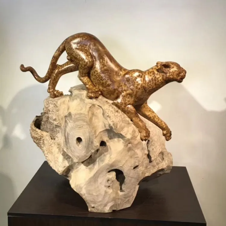 Estatueta decorativa de leopardo, estatueta de leopardo em madeira para jardim, dropship