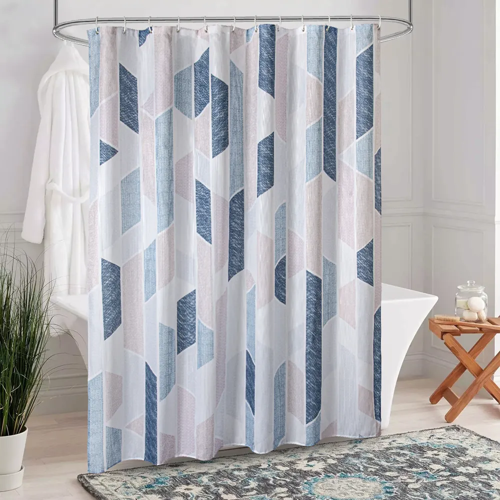 Designer polygonal geometrie smooth fabric drape shower curtains for bathroom with hooks