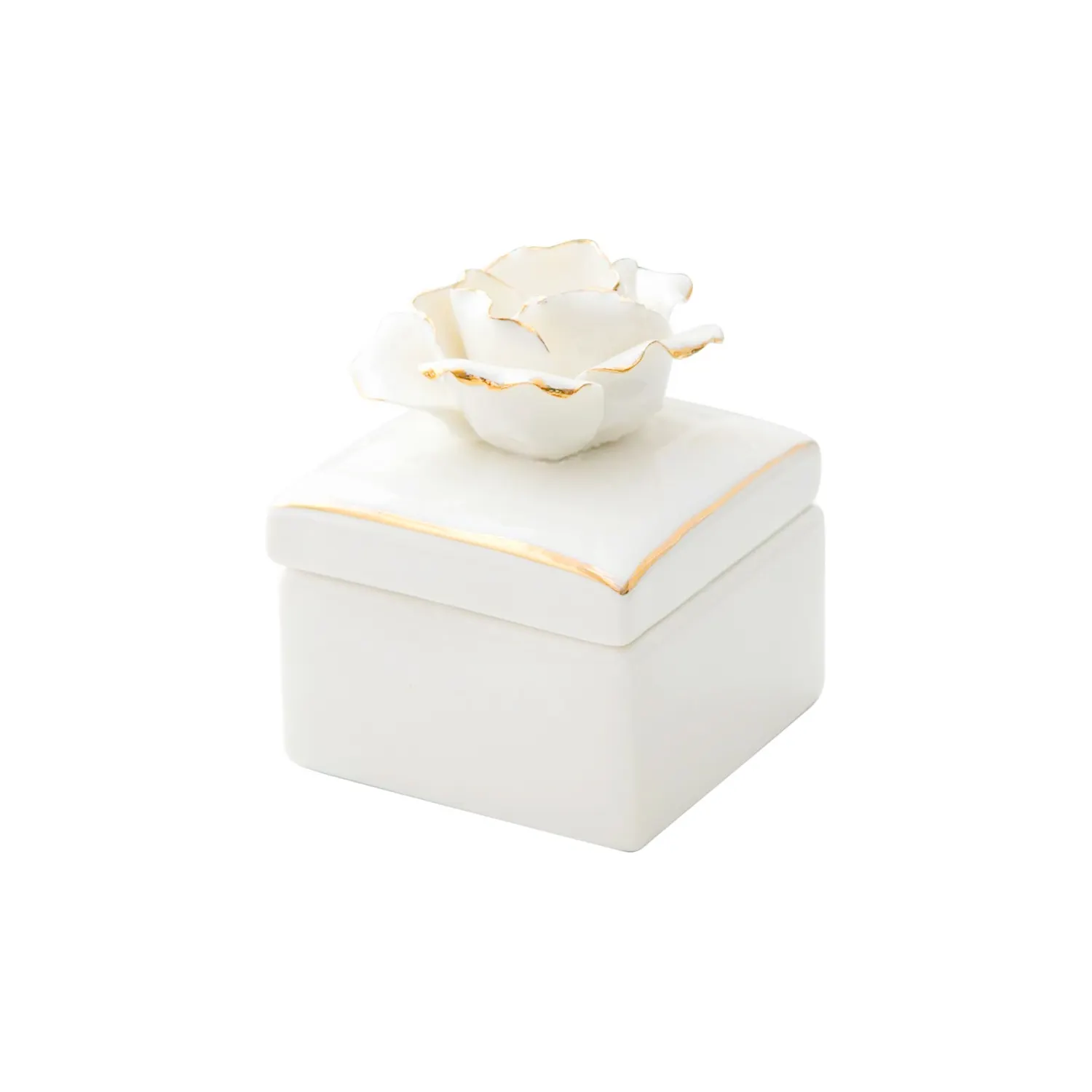De cerámica blanca de joyería anillo joya caja con mano Gild borde Flor de cerámica tapa para el aniversario de boda