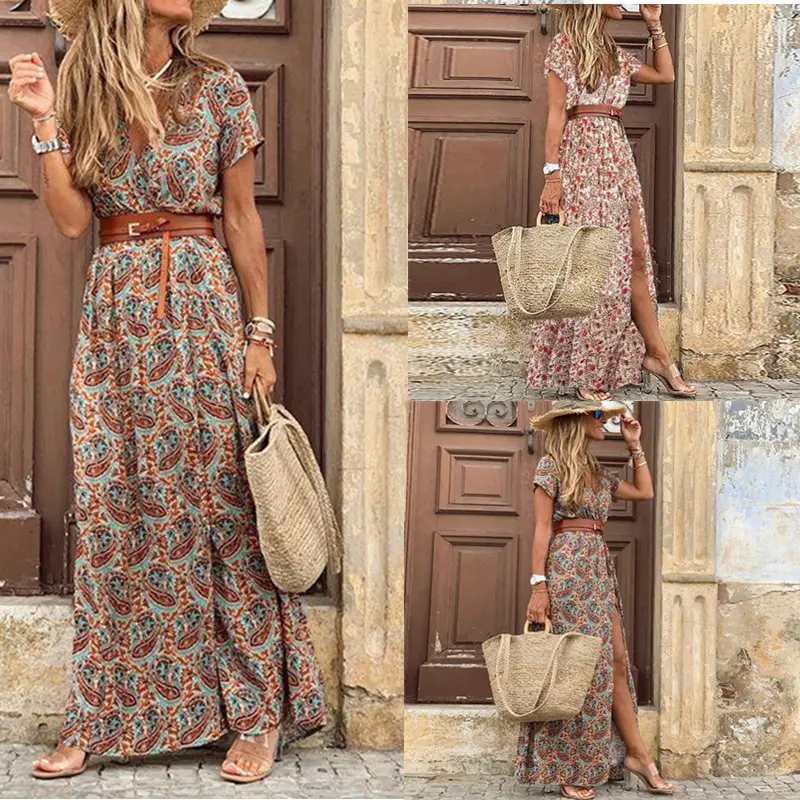 Vestido largo de manga corta con estampado Floral para mujer, vestido bohemio informal con cinturón para playa