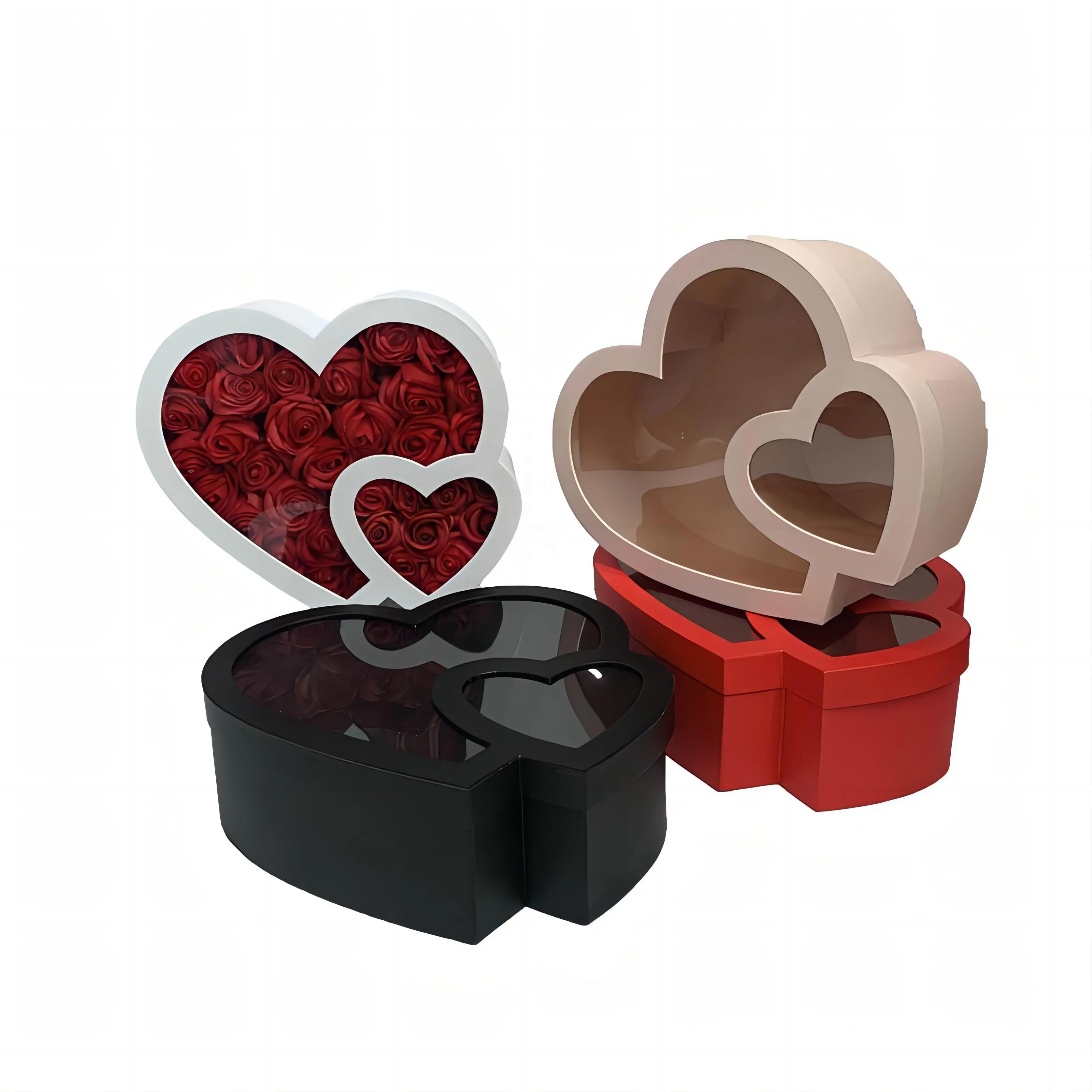 Coperchio trasparente di alta qualità scatola di fiori a doppio cuore scatola regalo di fiori a forma di cuore scatola di Rose a forma di cuore per san valentino