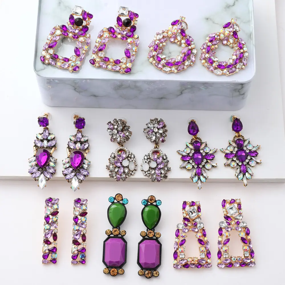 HOVANCI-pendientes y joyería de cristal, 12 colores púrpura, con diamantes de imitación