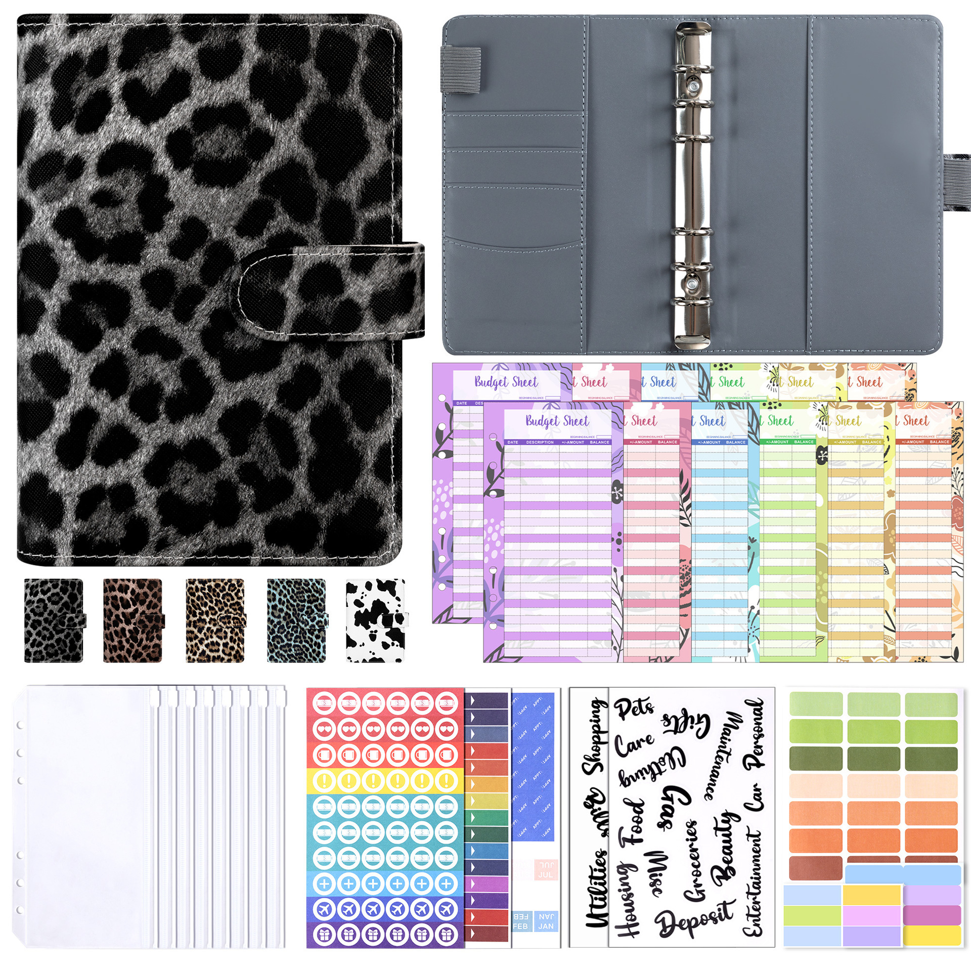 Gray cover, 12 cards, receipt holder, 8 stickers, 2 dividers, DI