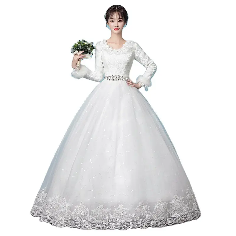 Düğün elbisesi seksi kore dantel uzun kollu kadın artı boyutu düğün elbisesi es İzmir prenses gelin kıyafeti krep düğün elbisesi