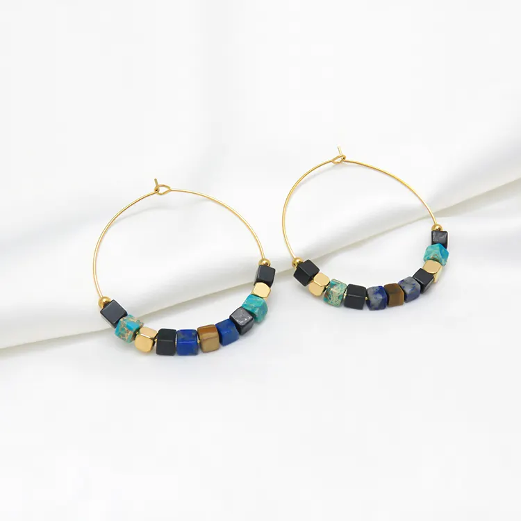 Cuentas chapadas en oro de 18 quilates a la moda para hacer joyas, pendientes de aro de piedras naturales de lapislázuli turquesa de acero inoxidable para niñas