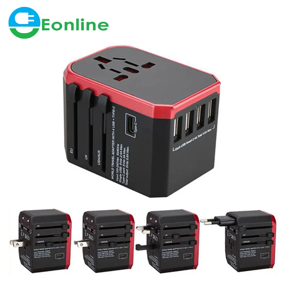 Eonline adaptador de viagem, adaptador universal de energia internacional com 5 usb carregador de parede para reino unido/ue/eua/ásia