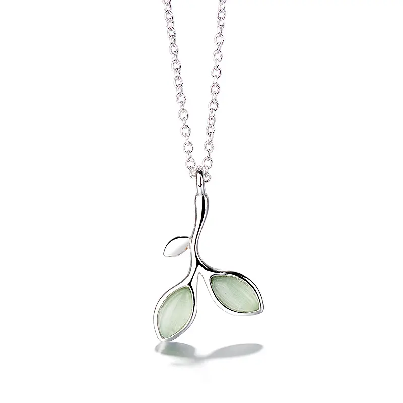 Korean Simple Green Opal Leaf Necklace Clavicle Chain Green Leaf Pendant Necklace 925 sterling silver necklace women(EJN2125)