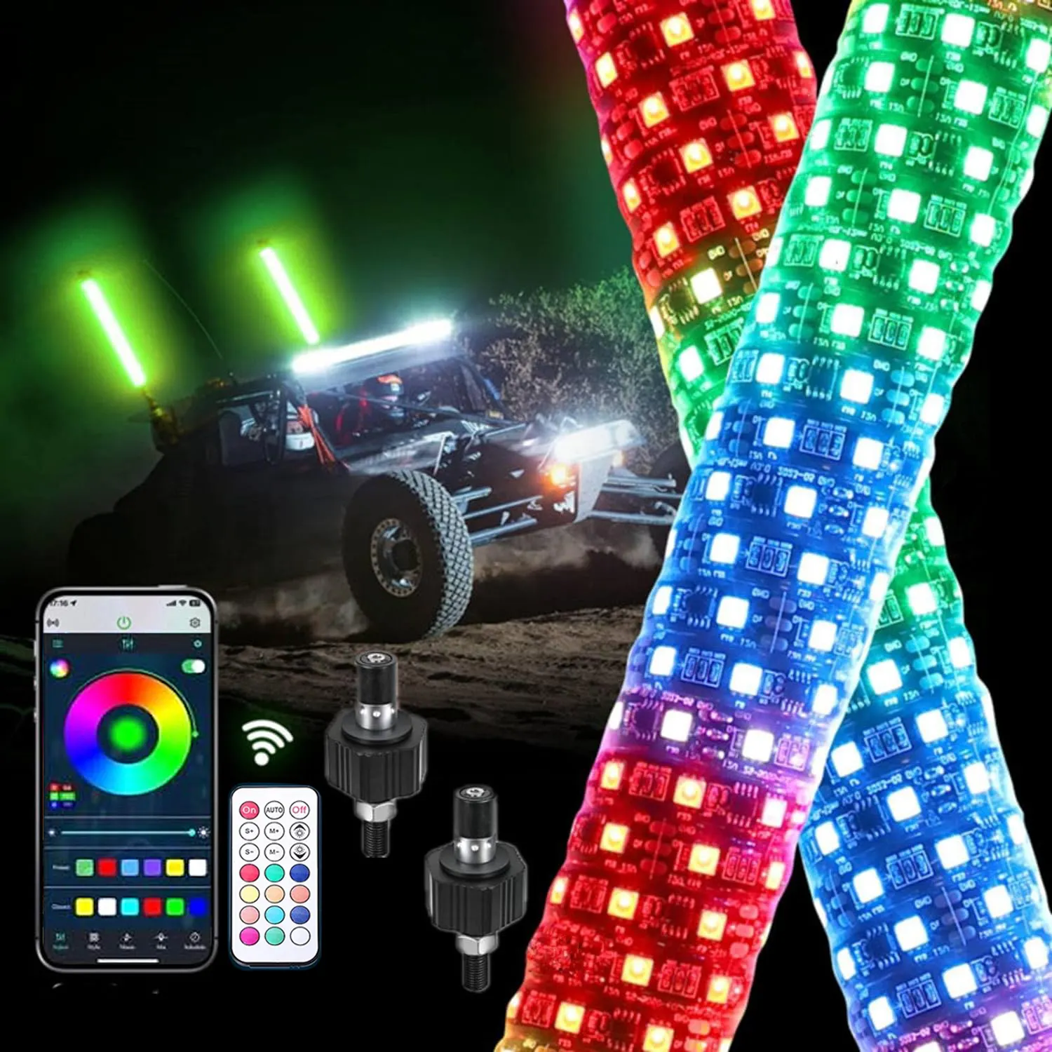 2ft 60Cm 1.75 Inch Afstandsbediening Bluetooths Controle Led Vlag Zweep Verlicht Vlaggenmast Licht Voor Off-Road Voertuigen Utv Atv