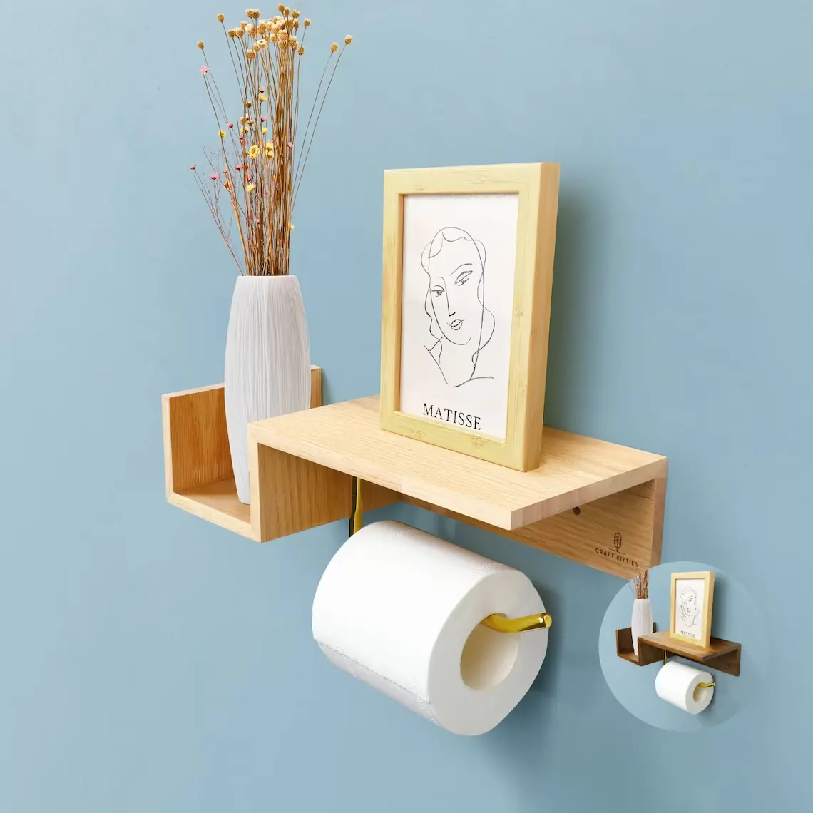 Madeira suporte do papel higiénico Suporte do papel higiénico de madeira com suporte do telefone estilo macrame Fácil armazenamento parede prateleira 30x12x10cm