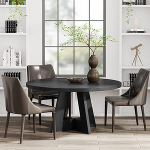 4-6人圆形餐桌，47英寸带木质基座的餐桌，黑色餐桌咖啡桌 - Product Image 2