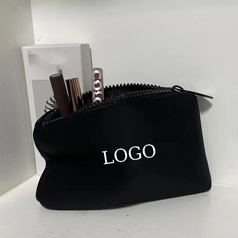 Neceser redondo con logotipo personalizado para mujer, bolsa pequeña de neopreno negra con cremallera, organizador de cosméticos