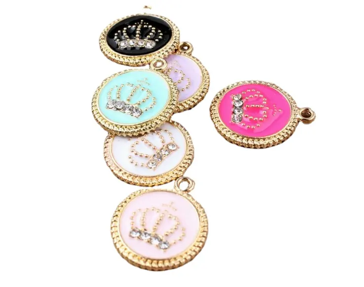 color enamel crown symbol stamped round charms DIY crown logo charms with crystal metal crown charms for bracelet