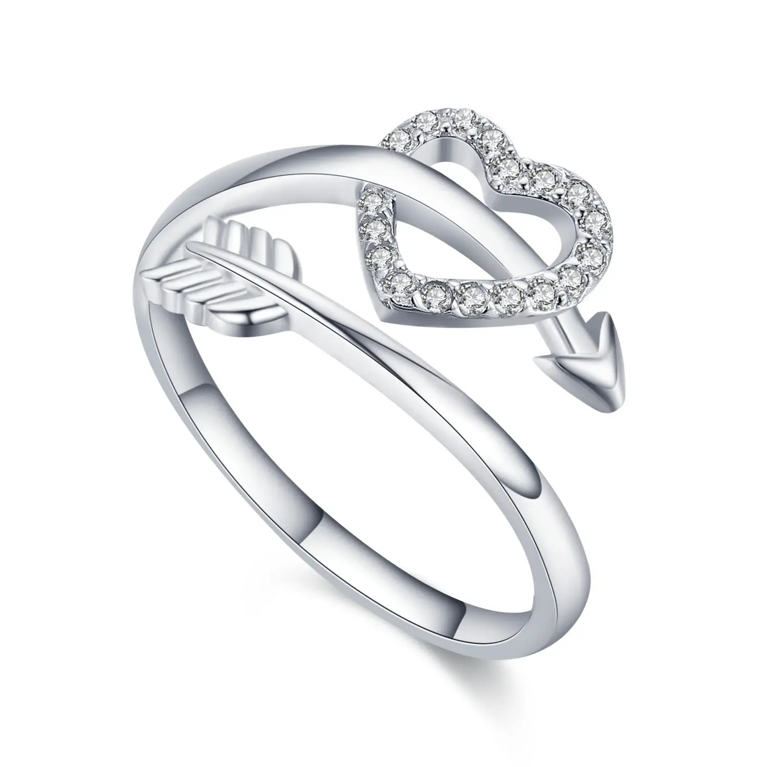 Gioielli di moda anello di zircone cubico regolabile 925 in argento Sterling a forma di cuore anello di amore aperto per le donne