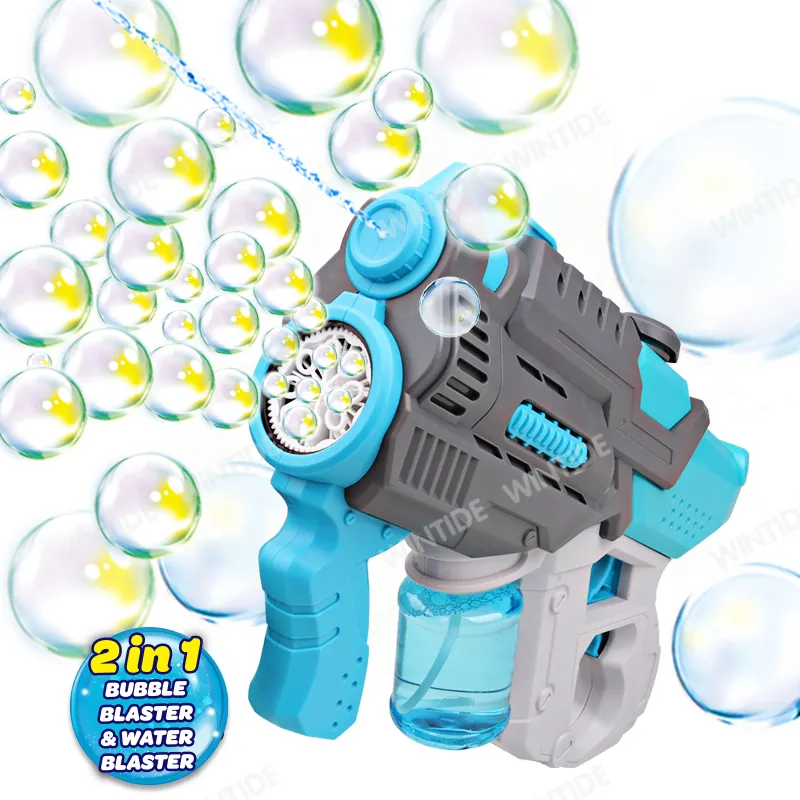 Pistola de água e bolha de plástico PP elétrica automática 2 em 1 com solução de 100ml Brinquedo ao ar livre que sopra bolhas Inclui varinha de bolha