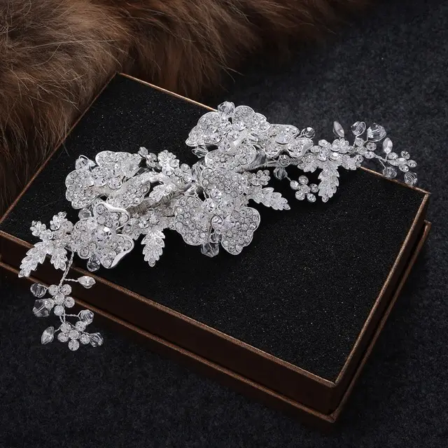 SG0134 Mới Sang Trọng Bạc Cô Dâu Tiara Hoa Rhinestone Phụ Kiện Tóc Cưới Clip Trên Bán