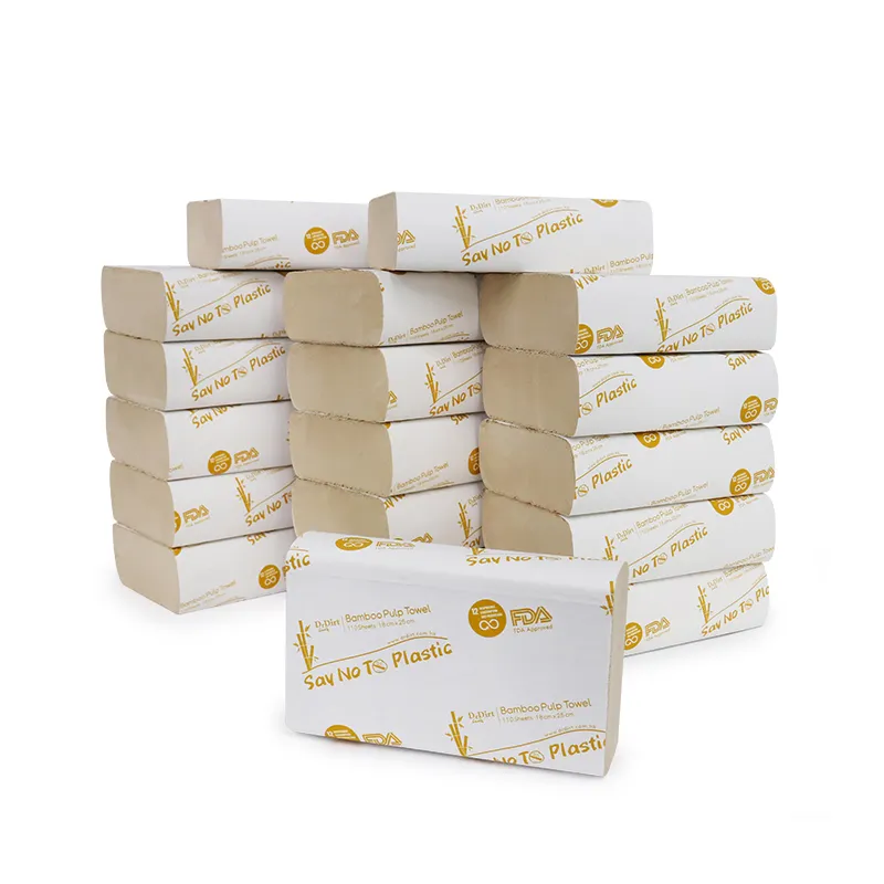 Étiquette SDG non blanchie absorbant naturel organique multi z 5 fois 2 plis pâte de bambou main serviette en papier pour cuisine salle de bains