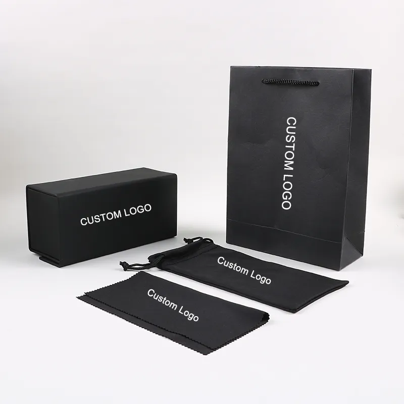 PU Box Sunglasses Case Set Estoque Óculos Case & Bag Logotipo personalizado Luxo Popular Preto Óculos Embalagem