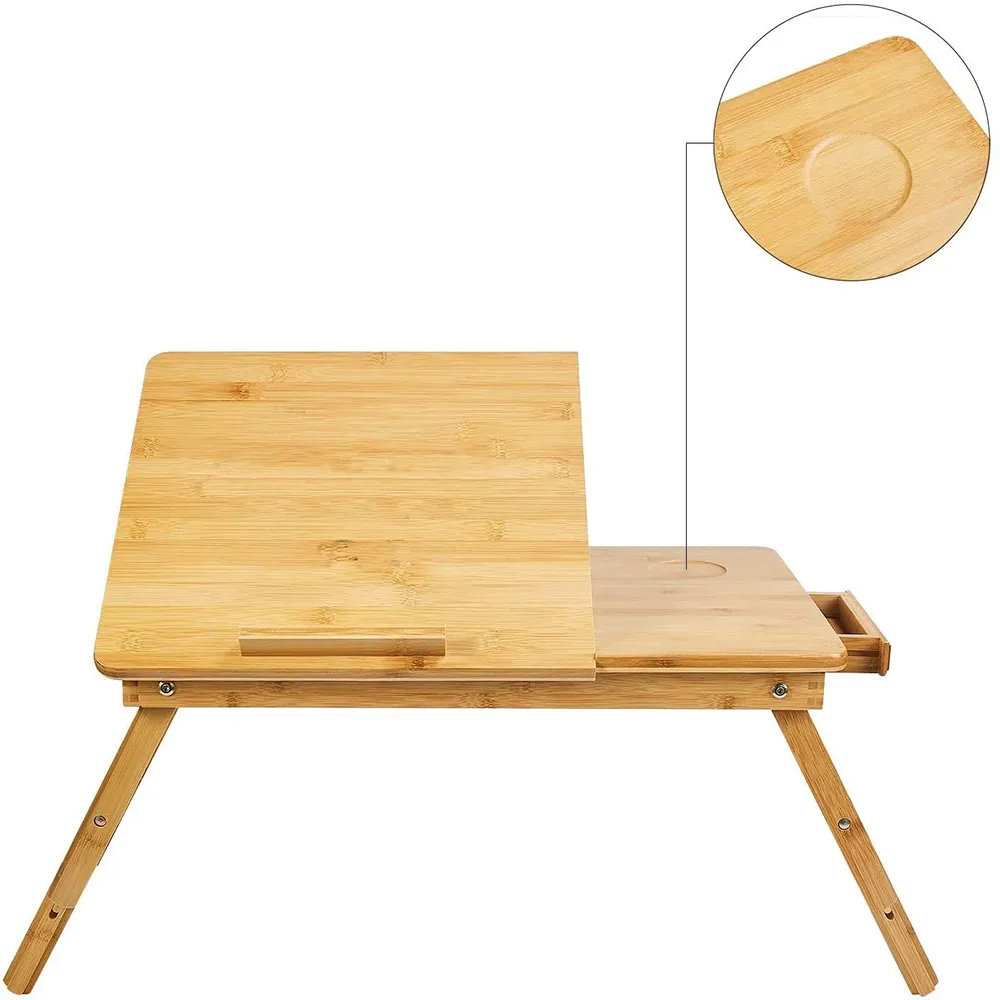 Escritorio portátil de bambú ajustable, bandeja para desayuno, sofá, mesa multifuncional con tapa basculante y cajón