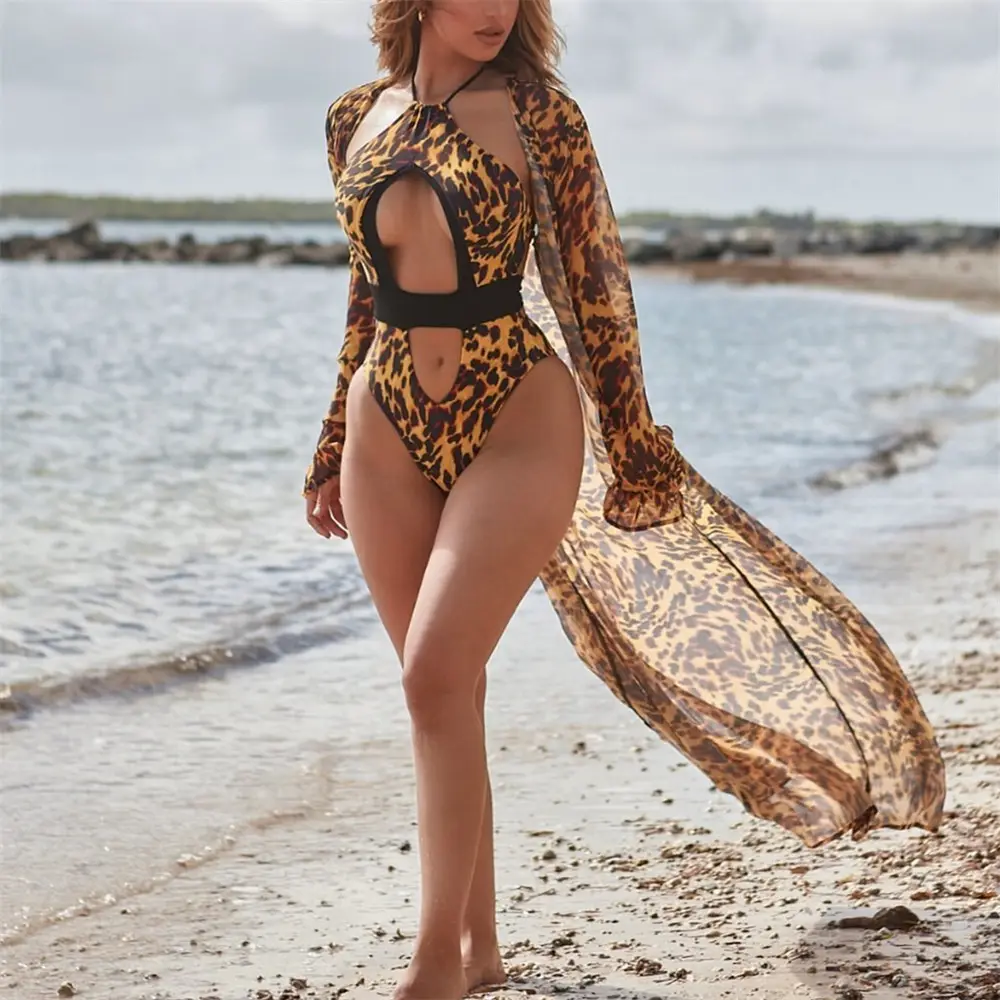 Biquíni sensual de praia de verão, roupa de banho de uma peça, gola oca, estampa de leopardo, maiô feminino