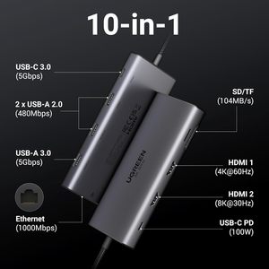 UGREEN Revodok Pro 210 תחנת עגינה <span class=keywords><strong>10</strong></span> ב-<span class=keywords><strong>1</strong></span> <span class=keywords><strong>USB</strong></span> C עגינה כפולה HD-MI 4K@60Hz יחיד 8K@30Hz 100W PD 5Gbps <span class=keywords><strong>USB</strong></span> C ו-<span class=keywords><strong>USB</strong></span> A יציאות