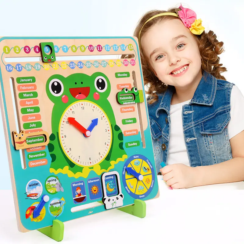 Kayu Kartun Katak Kalender Jam Set Anak Kayu Kalender Waktu Pencocokan Kognitif Mainan Anak-anak Mainan Pembelajaran Awal Pendidikan