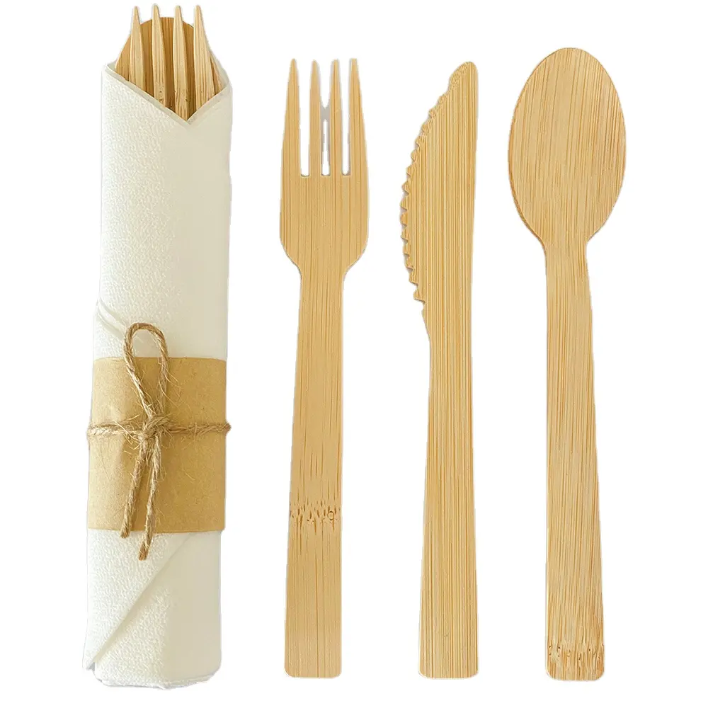 Set peralatan makan bambu sekali pakai yang dapat terurai dan kompos, termasuk sendok, garpu, dan pisau