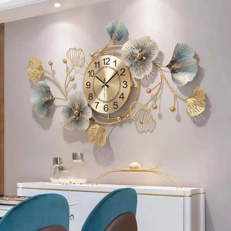 Ginkgo Folha Decoração Wall Metal Relógios De Parede para Casa Sala De Estar Decoração De Parede De Luxo 3D Artes Penduradas Relógio