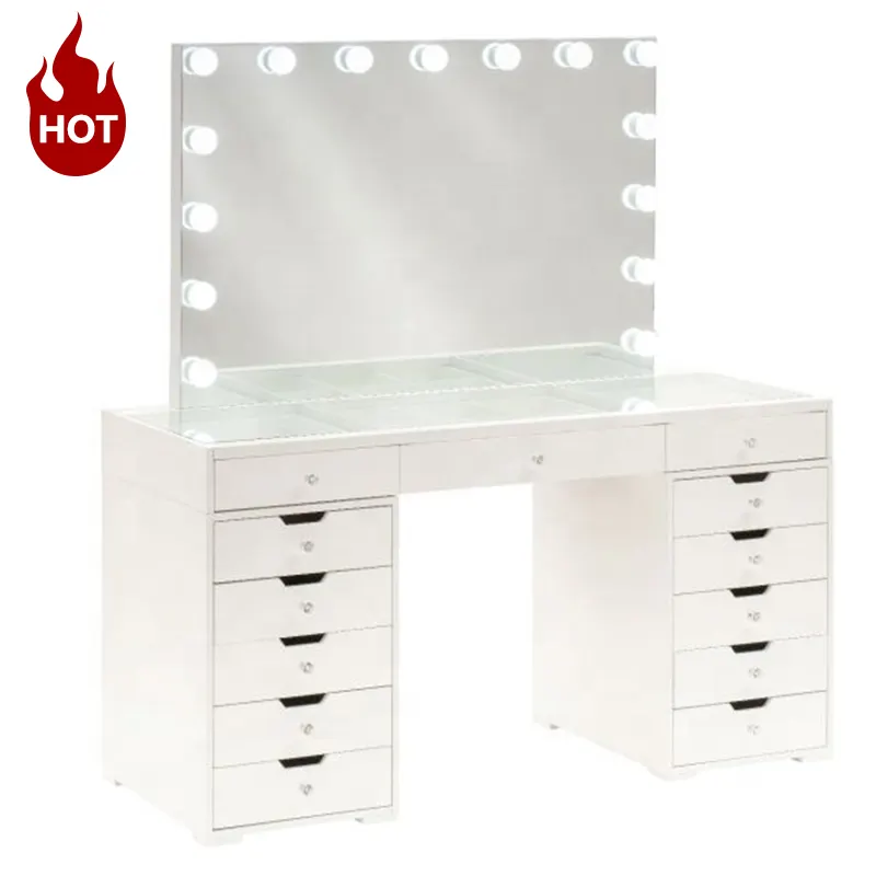 FENGHUANG Hollywood Vanity Makeup Table Led Modern Luxury Gloss Glass Top Ladies Dresser con 13 cassetti