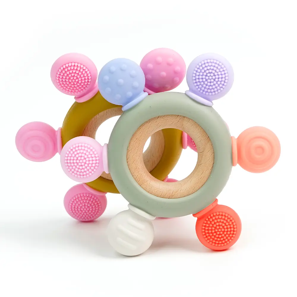 Bpa Gratis Baby Tandjes Relief Chew Speelgoed Siliconen Rubber Bijtring Met Houten Ring Voor Baby 'S 0-6 Maanden