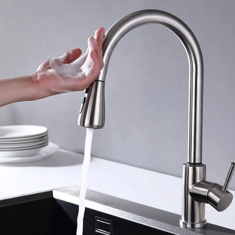 Modern Contemporary Kitchen Faucet Stainless Steel with Chrome Touch Control Extension Hose Polished Brass Graphic Design Tap