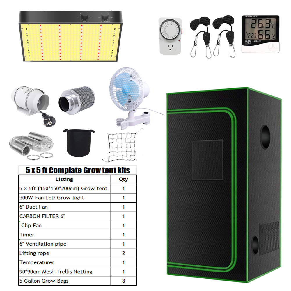 Kit de tente 5x5ft + lampe de culture 300W + ventilateur de conduit