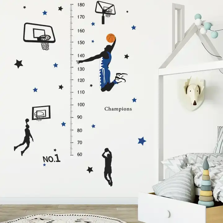 Pegatina de pared de medida de altura de fútbol negro, papel tapiz de dibujos animados para habitación de niño, pegatinas creativas de decoración de pared extraíbles de PVC