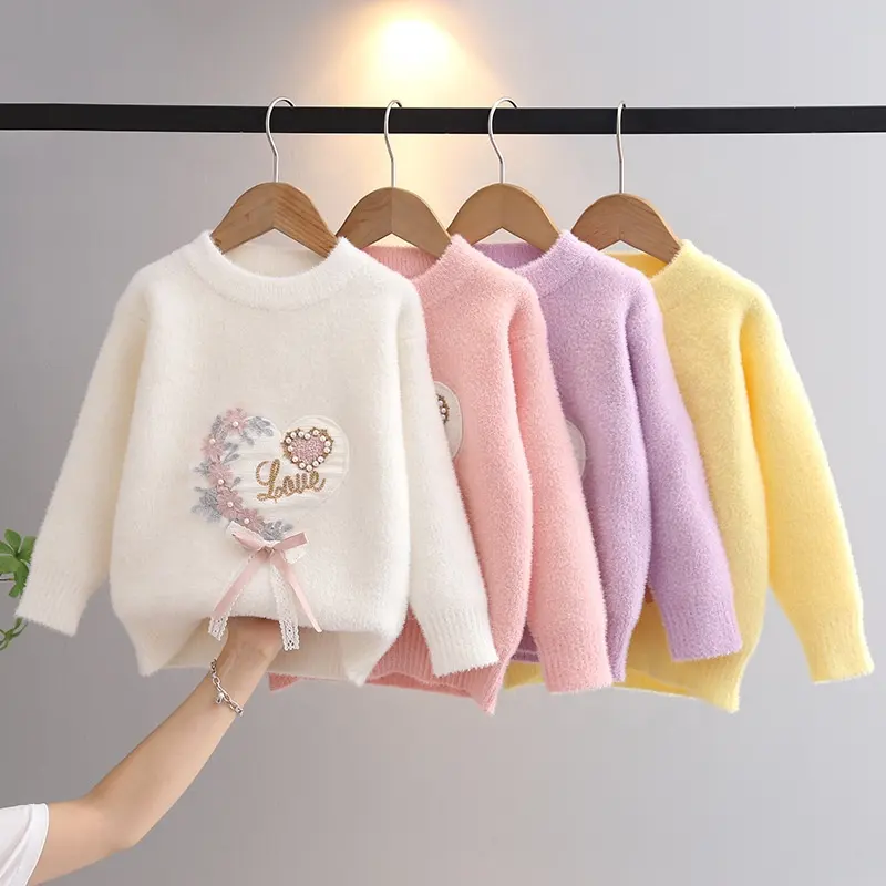 Gran oferta, jersey de manga larga de lana de visón orgánico para niños, tops de punto, suéteres para niñas, suéter de invierno cálido suave y grueso